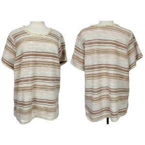 Woven Cotton Pullover Tunic Top Fringed Edges Neutrals Green Envelope LA 3X NEW